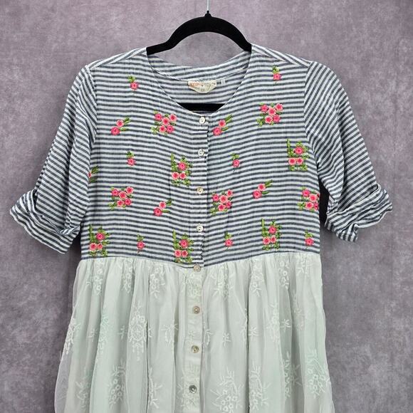 🔵 02. Bombay Paisley Blue Striped Lace Knee Length Button Down Dress Size XS - Picture 3 of 6